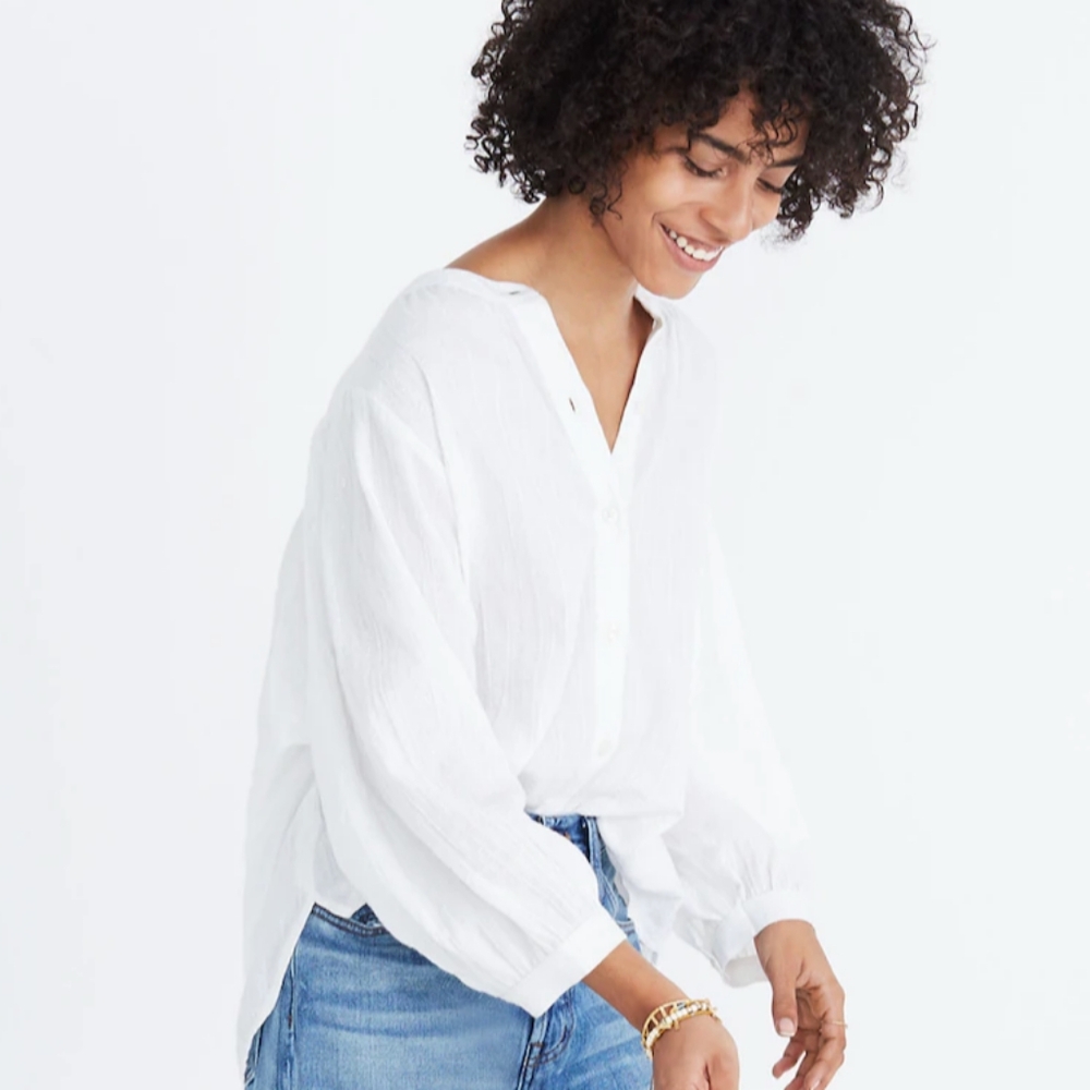 Madewell Shimmer Stripe Peasant Top Size M  In White cotton